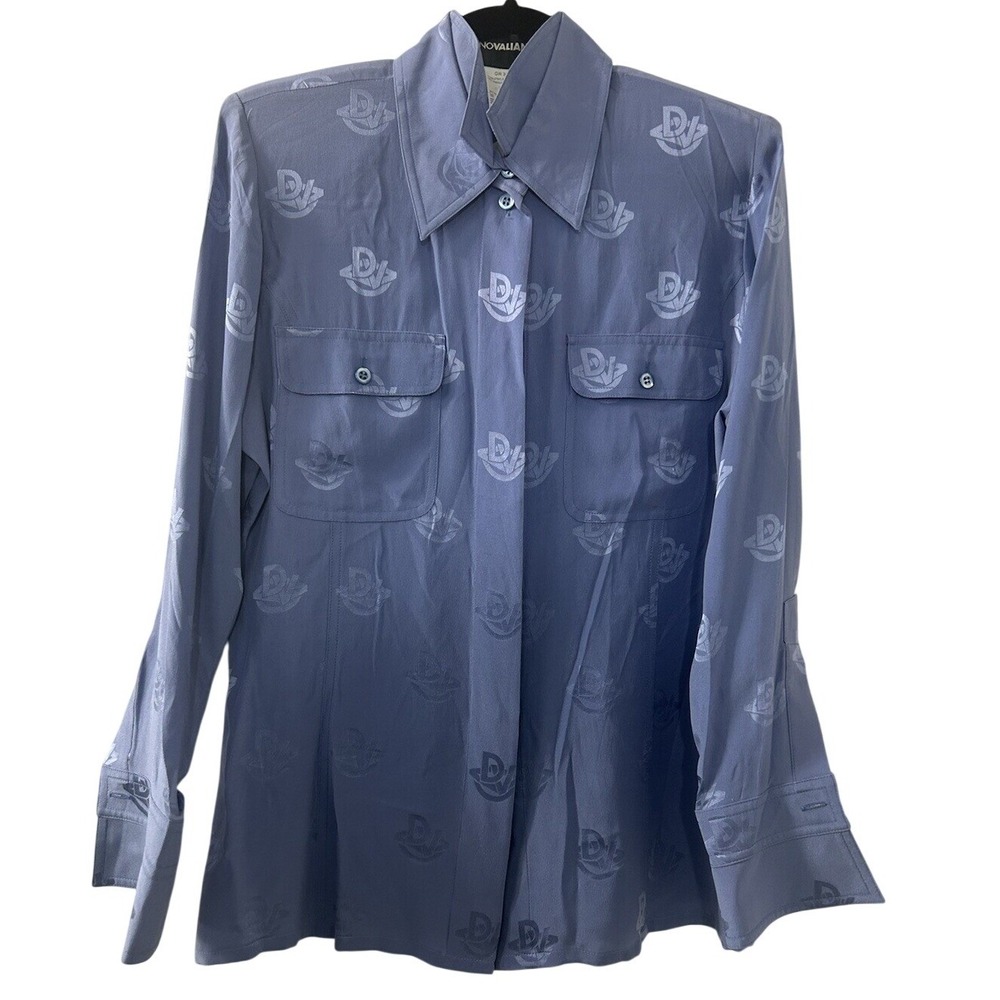 Dino Valiano Logo Jacquard Silk Shirt 8 Blue Hidden Placket Luxury Corporate